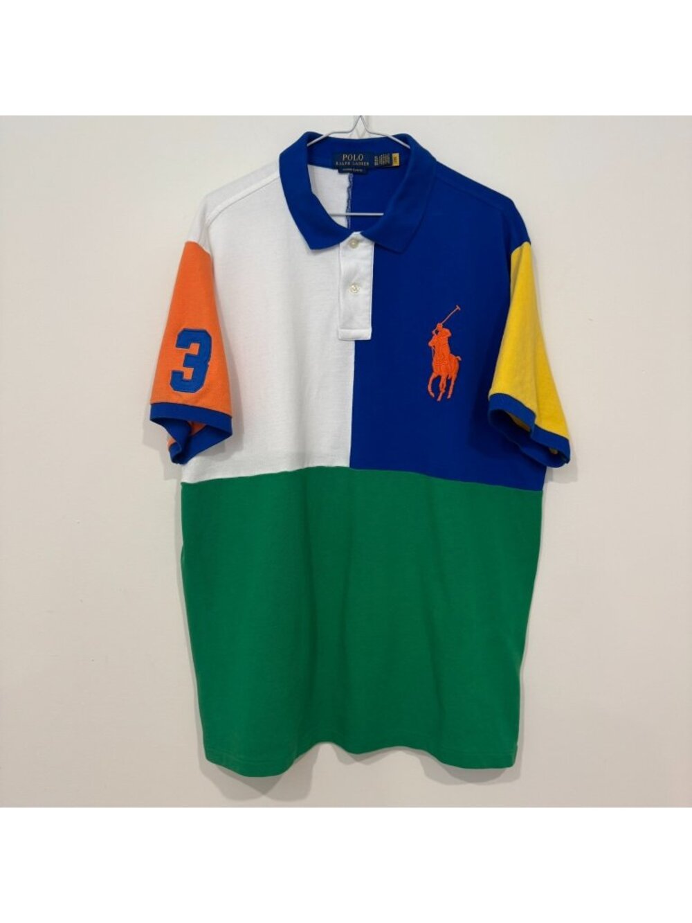 Polo Ralph Lauren Mens Big Pony Colour Block Polo Shirt Size XL Green Blue White